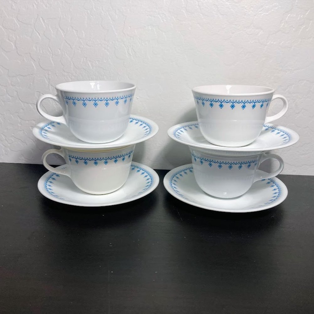 Corelle Snowflake Blue Cup and Saucer 4 Sets - Vintage